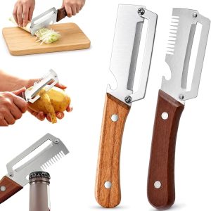 2Pcs Stainless Steel Vegetable Peeler with Wooden Handle – 3 in 1 Tool
